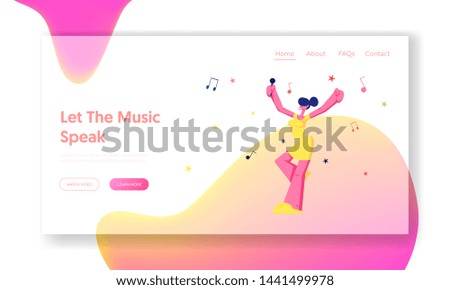 Happy Female Character Cheerfully Singing Song in Karaoke Bar, Young Girl with Microphone Performing on Party. Weekend Leisure Website Landing Page, Web Page. Cartoon Flat Vector Illustration, Banner