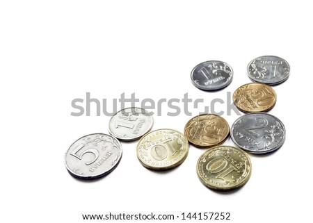 Some russian rouble coins of different values isolated over white