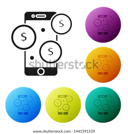Black Smartphone with dollar symbol icon isolated on white background. Online shopping concept. Financial mobile phone icon. Online payment. Set icons colorful circle buttons. Vector Illustration