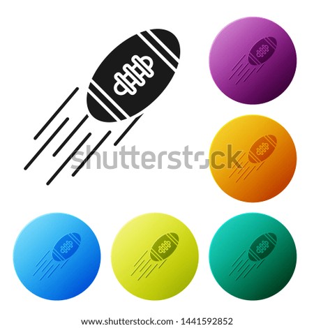 Black American Football ball icon isolated on white background. Rugby ball icon. Team sport game symbol. Set icons colorful circle buttons. Vector Illustration
