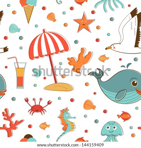 Beautiful seamless pattern with sea creatures and vacation related items