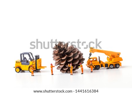 Miniature Worker Passenger Christmas 
 pine cone by Truck and forklift isolated on white background ,  Image for Christmas Holiday and Happy New Year Gift Celebration concept.