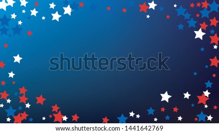 Colors of American Flag. USA Independence Day.  Red, Blue and White Stars on Blue Gradient Background. Invitation Background. Banner, Christmas and New Year card, Postcard, Packaging, Textile Print.