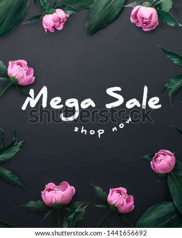 Mega Sale Discount peonies instagram banner. Special offer. Flowers on black background. Template for banner, flyer, Sale promotion, ad, blog, marketing. Flat lay.2