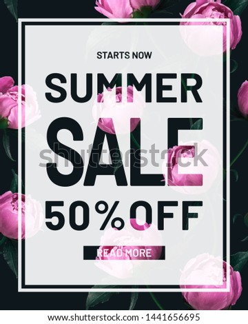 Summer Sale Discount peonies instagram banner. Special up to 50% off. Flowers on black background. Template for banner, flyer, Sale promotion, ad, blog, marketing.1. Eps 8