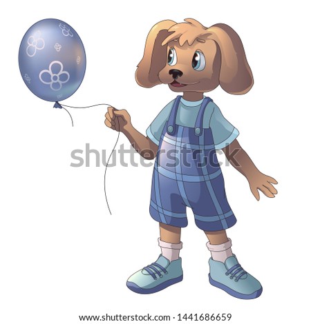 Cute cartoon puppy with a purple balloon. Vector illustartion. Decor elements for gift card and kids products.