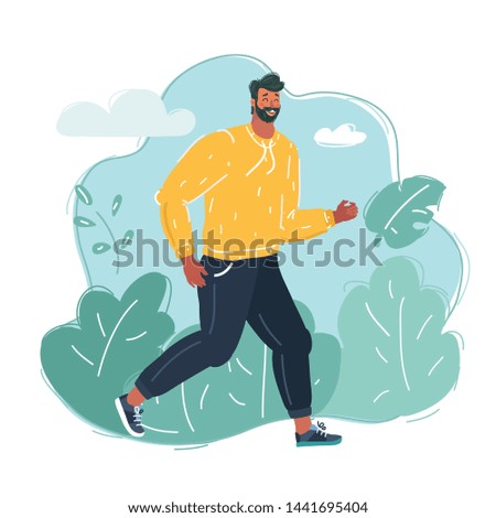 Vector cartoon illustration of Running in city park. Man runner outside jogging in park.