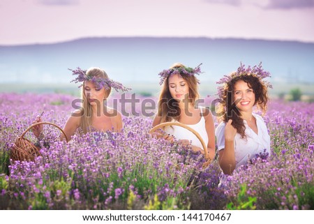 Three girls on lavender field