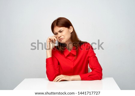 emotional business woman red shirt desktop depression help job manager