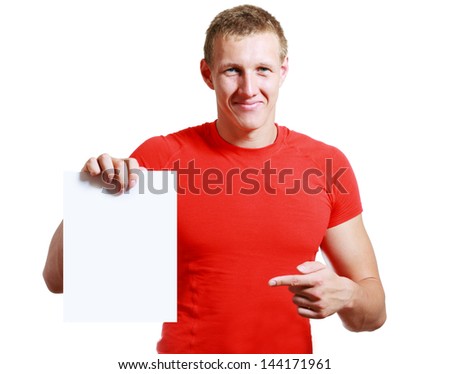 bright picture of handsome man holding blank note card paper