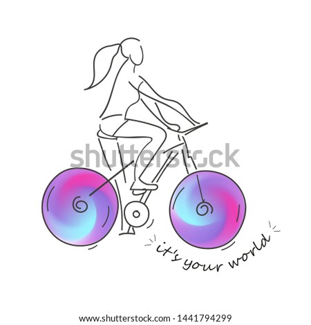 girl riding a bike and quote It's your world. typographical. Creative fashion Design. T-shirt, greeting card, poster, banner. Vector illustration.Active lifestyle concept. logotype.