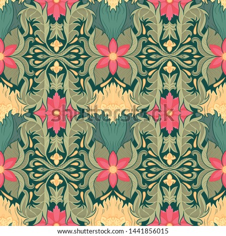 Flowers and leaves ornamental seamless pattern with floral elements. Texture for wallpapers, fabric, wrap, web page backgrounds, vector illustration