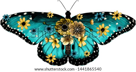 blue butterfly decorated with flowers, sketch vector graphic color illustration on white background