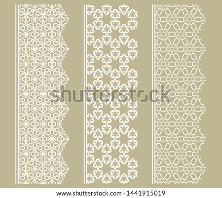 Vector set of line borders with geometric repeating texture. Isolated design elements for page decoration, headline, banners, wedding invitation cards. Fashion white lace collection