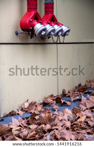Metal and red fire hydrants on dirty wall with brown maple leaves on ground in Berlin Germany. Firefighting equipment. Autumn textures. Street photography.