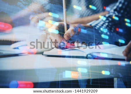 Writing man's hands background with technology icons.