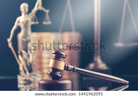 Legal law concept image, Statue of justice on library background