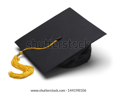 Black Mortar Board Cap with Yellow Tassel Isolated on White Background. Royalty-Free Stock Photo #144198106