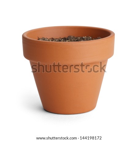Orange Terracotta Pot with Soil Isolated on White Background. Royalty-Free Stock Photo #144198172