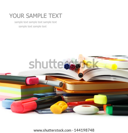 School supplies on white background Royalty-Free Stock Photo #144198748