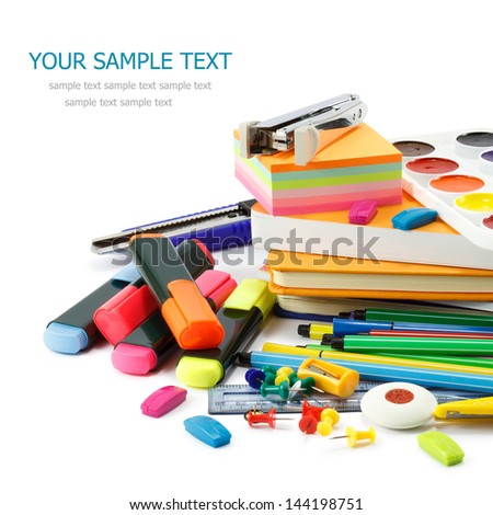 School supplies on white background Royalty-Free Stock Photo #144198751