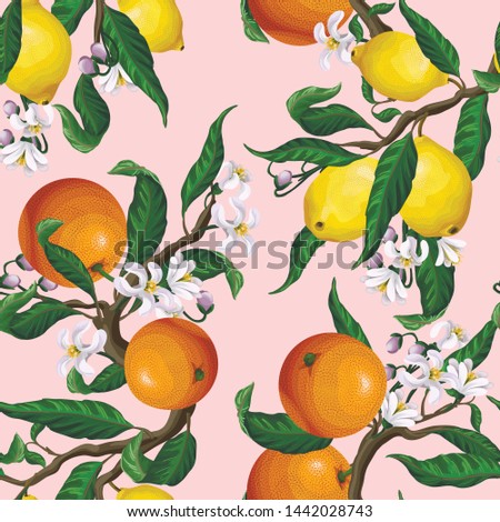 Seamless pattern with lemons, oranges and flowers for textile design. Vector