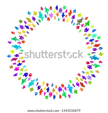 Pattern with circle of different color cartoon fishes on white background. Vector.