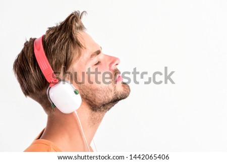 Enjoy perfect music sound headphones. Buy music gadget. Shop store musical accessory gadgets. Sale discount. Man listening music headphones white background. Modern technology. Music taste concept.