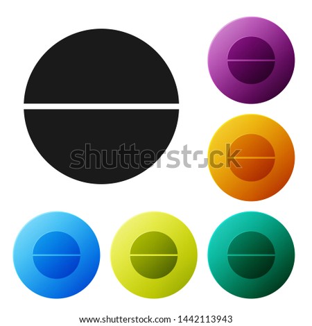 Black Medicine pill or tablet icon isolated on white background. Capsule pill and drug sign. Pharmacy design. Set icons colorful circle buttons. Vector Illustration