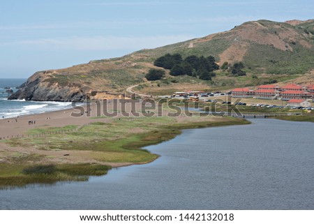 Lagoon and Ocean View of Rodeo Beach and Fort Chronkhite in the Marin Headlands Royalty-Free Stock Photo #1442132018