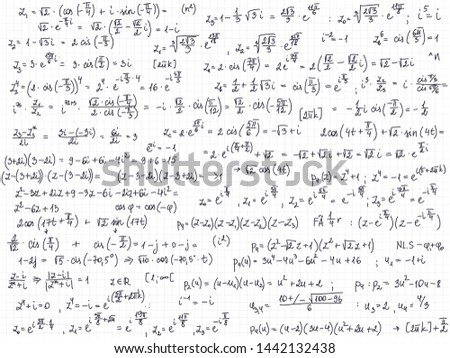 Set of mathematical formulas and solutions to problems and equations. Thick lines. Homework of a student. Vector image of algebra tasks. Imaginary numbers. Royalty-Free Stock Photo #1442132438