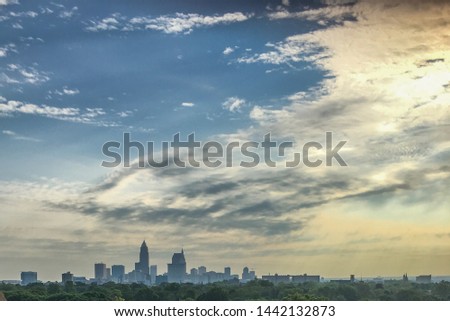 Skyline of Cleveland, Ohio, captured from the Bell Tower of an Historical Landmark Catholic Church
