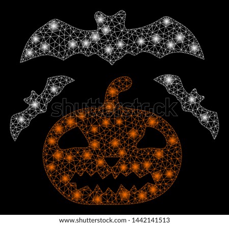 Glowing mesh halloween with glare effect. Abstract illuminated model of halloween icon. Shiny wire frame polygonal mesh halloween. Vector abstraction on a black background.