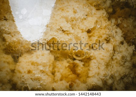 Homemade bread kvass with leaven and malt in a glass mug on a wooden board close-up, selective focus.