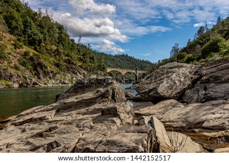 Mountain Quarries Railroad Bridge completed in 1912 ~ it crosses the American River in the foothills of the Sierra Nevadas in Auburn, California Royalty-Free Stock Photo #1442152517