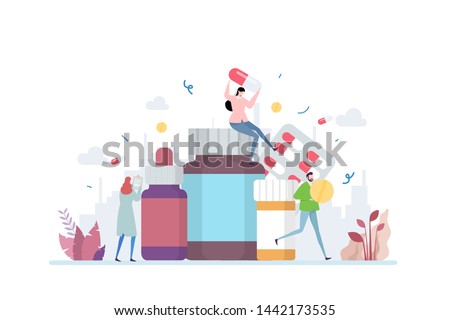 Medication Vector Illustration Concept Showing a various type of medical medicine, Suitable for landing page, ui, web, App intro card, editorial, flyer, and banner. Royalty-Free Stock Photo #1442173535