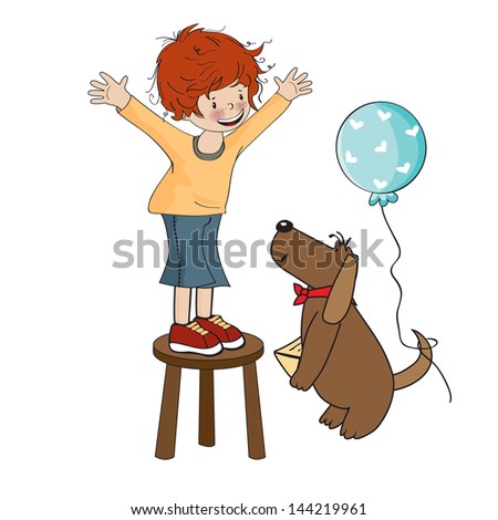 Funny boy celebrates his birthday with dog, vector illustration