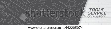 Construction concept tools shop service horizontal banner and flat icons set all of tools supplies for house repair builder on white background vector illustration Royalty-Free Stock Photo #1442205074