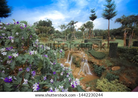 Small waterfall that occurs naturally From the foothills of the rocks Within the resort area beautiful flower And fresh green trees The air is very pure with ozone as the background is  relaxing view.