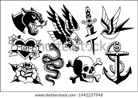 Vector Set Of Old School Tattoo Designs Royalty-Free Stock Photo #1442237948