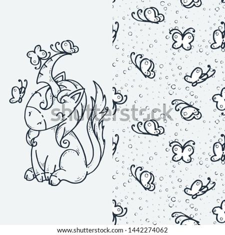 Cute unicorn with butterflies. Cartoon hand drawn vector illustration. Nice for t-shirt print, kids wear fashion design, clip-art, baby shower invitation cards