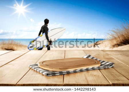 Desk of free space and summer beach landscape 