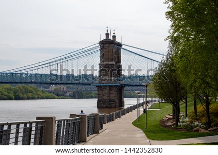 Ohio River Trail Overlooking the Roebling  Suspension Bridge in Cincinnati Ohio.