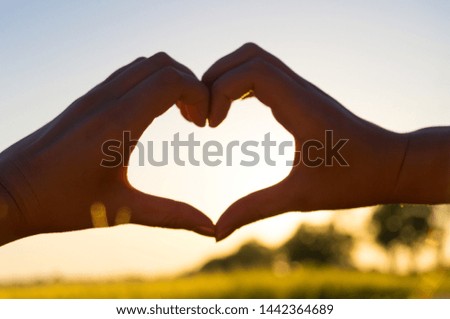 Female hands in the shape of a heart on the background of a beautiful sunset. Hands in the shape of a heart of love
