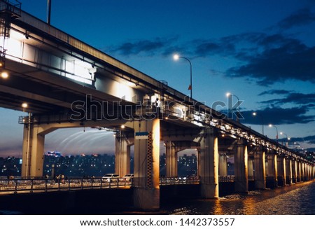 Korea Seoul City Han River Banpo Bridge Night View
