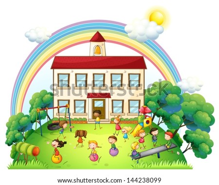 Illustration of the children playing in front of the school on a white background