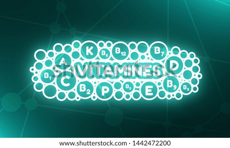 Vitamines names. Vitamines in the bubbles foam. Neon bulb illumination. 3D rendering