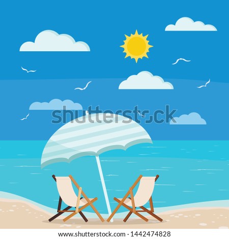 Vector illustration of summer holiday sea view: two wooden beach chaise longues with blue beach umbrella on coastline, sun, clouds and sea gull on image. Flat design cartoon style seascape background.