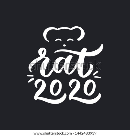 Christmas "Rat 2020" hand drawn lettering. Calligraphy on black background. Composition for banner, postcard, poster design element stories, posts, etc. Vector eps10