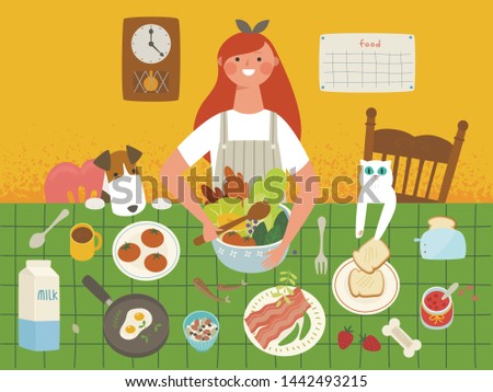 Many foods on the lunch table. A dog looking at food and a cat stealing toast. a woman who makes salads flat design style minimal vector illustration.